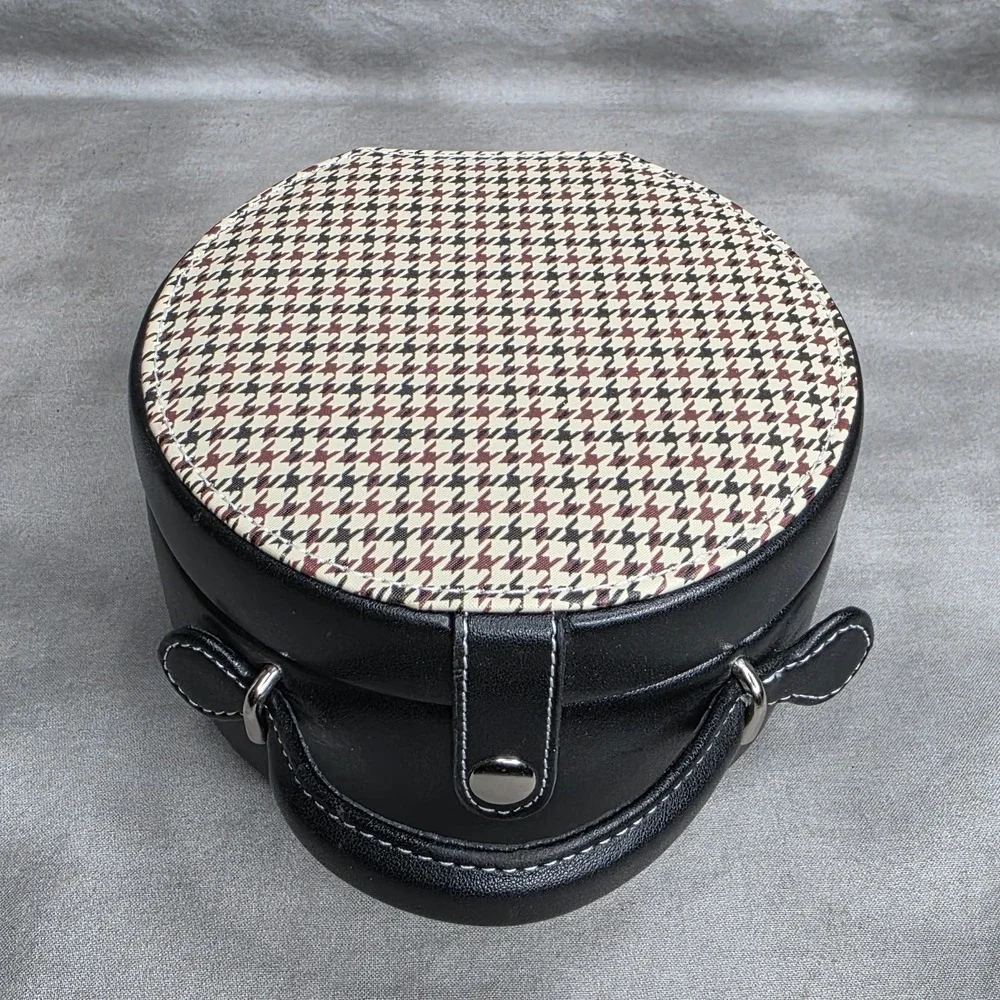Vanity Jewelry Case Houndstooth Inset & Black Leather Inside Mirror w/Pocket